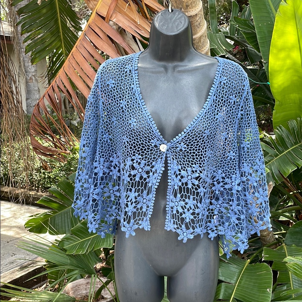 Blue floral, crochet, crop top or jacket